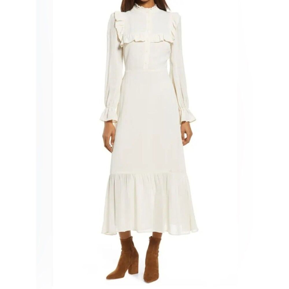 Reformation Hallie Midi Dress Ruffle Cream Long Sleeve Victorian Women’s Size 0